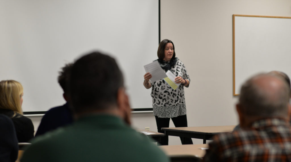 NPC's Danielle Gerko addresses the Blair County Chamber of Commerce Farm-City Committee.